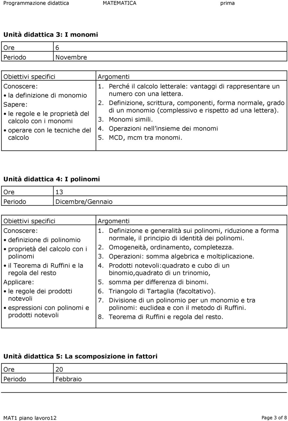 Monomi simili. 4. Operazioni nell insieme dei monomi 5. MCD, mcm tra monomi.