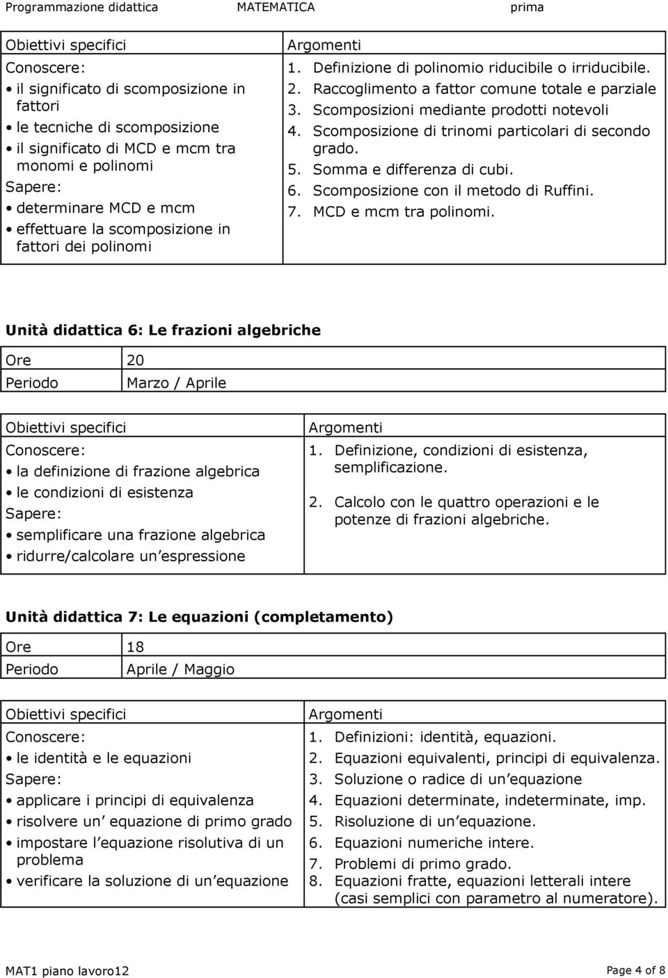 Scomposizione di trinomi particolari di secondo grado. 5. Somma e differenza di cubi. 6. Scomposizione con il metodo di Ruffini. 7. MCD e mcm tra polinomi.