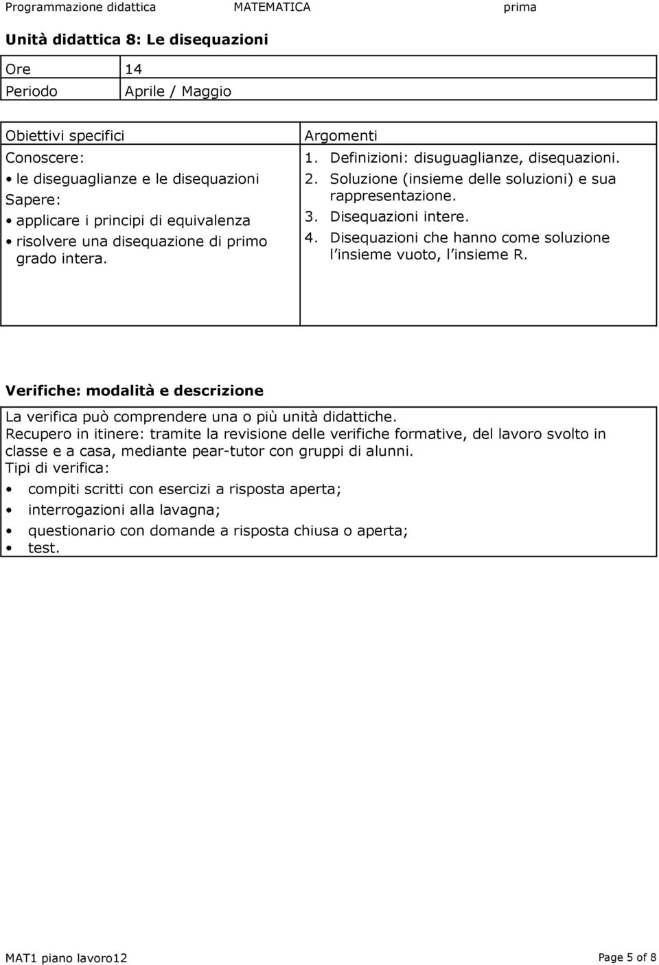 Verifiche: modalità e descrizione La verifica può comprendere una o più unità didattiche.