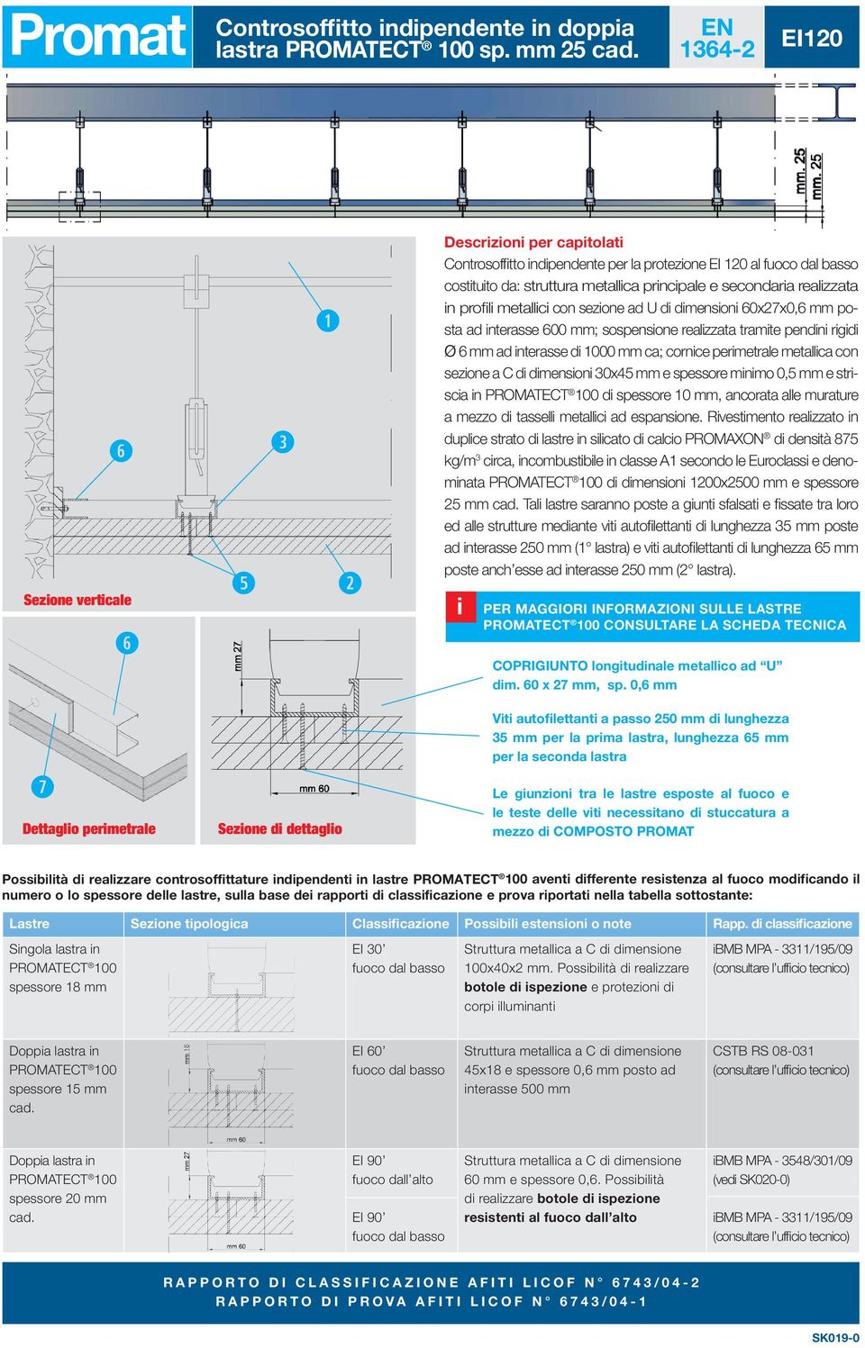 dmenson 60x27x0,6 mm posa ad nerasse 600 mm; sospensone realzzaa rame pendn rgd ø 6 mm ad nerasse d 1000 mm ca; cornce permerale meallca con sezone a C d dmenson 30x45 mm e spessore mnmo 0,5 mm e