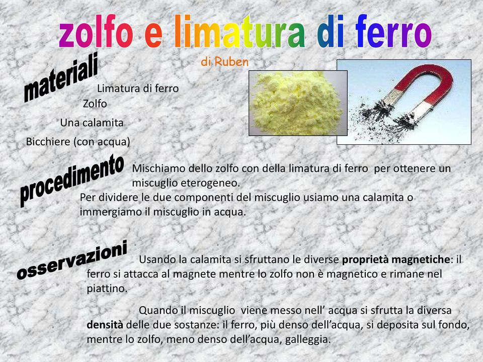 Usando la calamita si sfruttano le diverse proprietà magnetiche: il ferro si attacca al magnete mentre lo zolfo non è magnetico e rimane nel piattino.