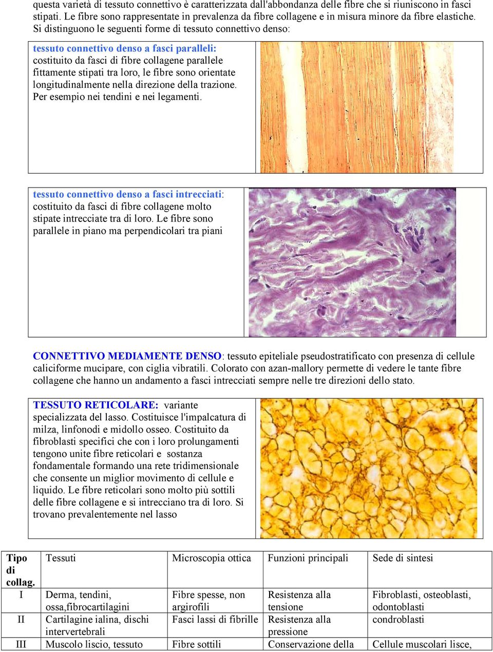 Si distinguono le seguenti forme di tessuto connettivo denso: tessuto connettivo denso a fasci paralleli: costituito da fasci di fibre collagene parallele fittamente stipati tra loro, le fibre sono