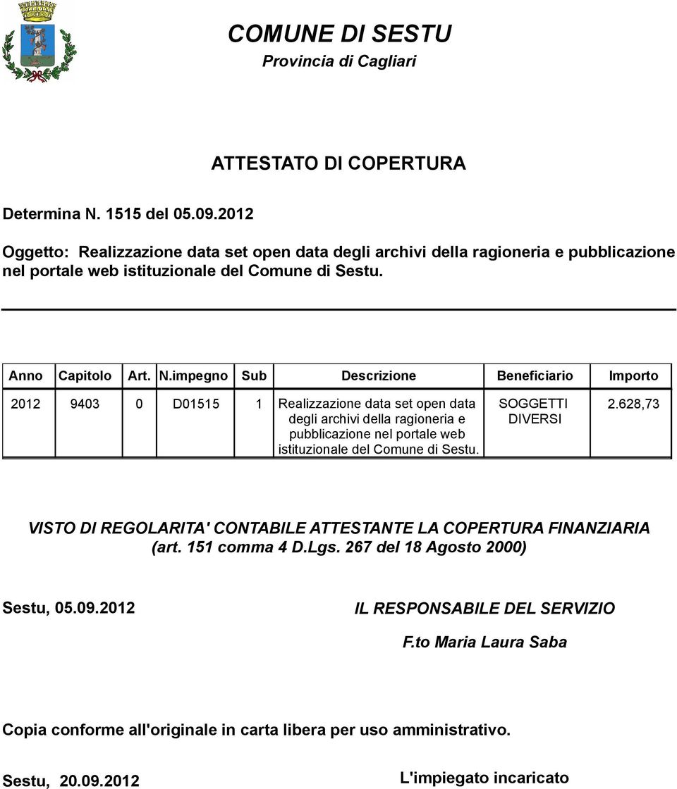 impegno Sub Descrizione Beneficiario Importo 2012 9403 0 D01515 1 Realizzazione data set open data degli archivi della ragioneria e pubblicazione nel portale web istituzionale del Comune di