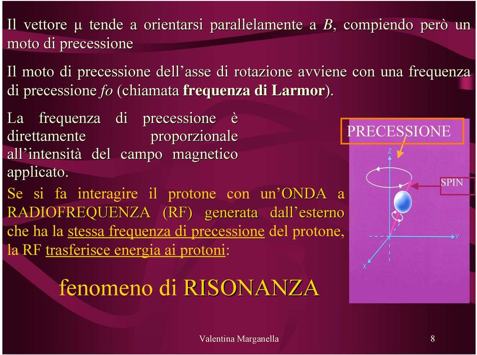 La frequenza di precessione è direttamente proporzionale PRECESSIONE all intensità del campo magnetico applicato.