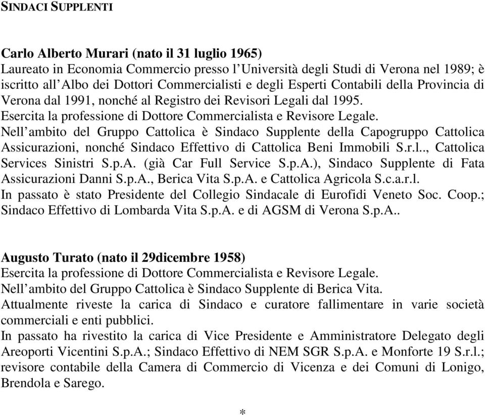 Nell ambito del Gruppo Cattolica è Sindaco Supplente della Capogruppo Cattolica Assicurazioni, nonché Sindaco Effettivo di Cattolica Beni Immobili S.r.l.., Cattolica Services Sinistri S.p.A. (già Car Full Service S.