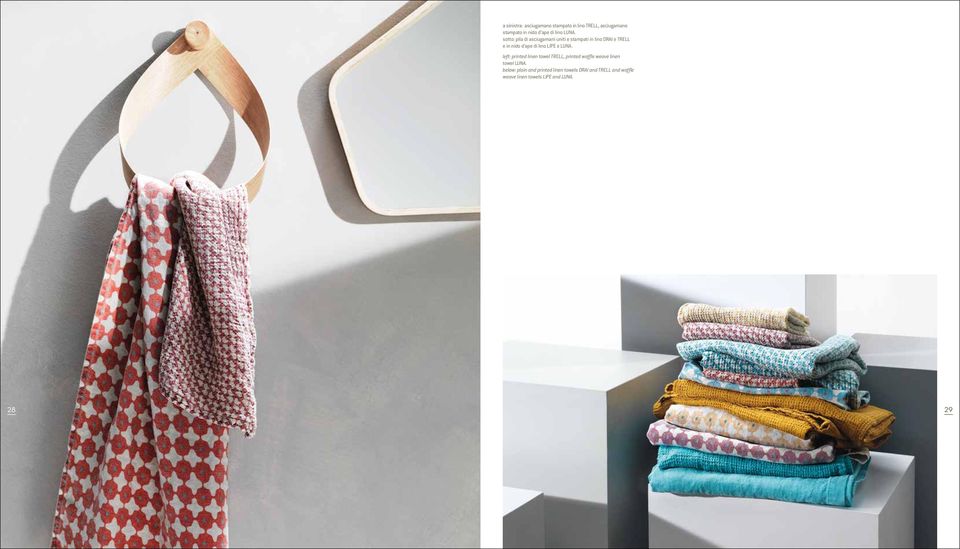 lino LIPE e LUNA. left: printed linen towel TRELL, printed waffle weave linen towel LUNA.