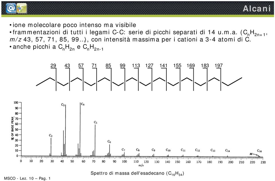 ati di 14 u.m.a. (C n H 2n+1, m/z 43, 57, 71, 85, 99 ), con intensità massima per i cationi