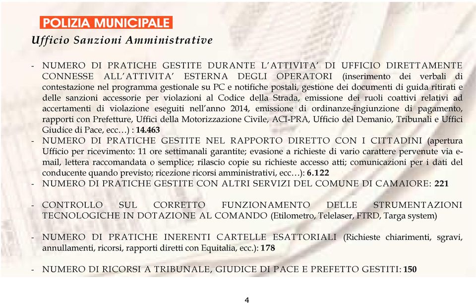 accertamenti di violazione eseguiti nell anno 2014, emissione di ordinanze-ingiunzione di pagamento, rapporti con Prefetture, Uffici della Motorizzazione Civile, ACI-PRA, Ufficio del Demanio,