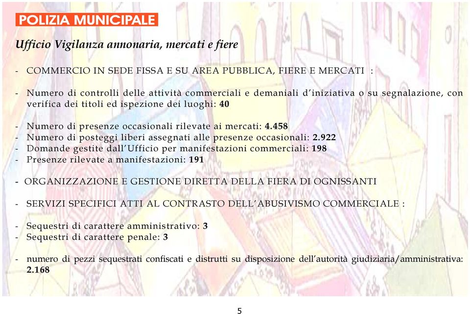 922 - Domande gestite dall Ufficio per manifestazioni commerciali: 198 - Presenze rilevate a manifestazioni: 191 - ORGANIZZAZIONE E GESTIONE DIRETTA DELLA FIERA DI OGNISSANTI - SERVIZI SPECIFICI ATTI