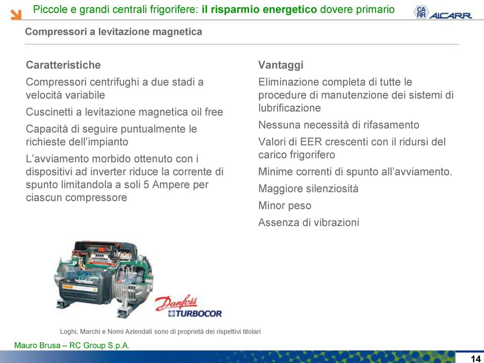 compressore Vantaggi Eliminazione completa di tutte le procedure di manutenzione dei sistemi di lubrificazione Nessuna necessità di rifasamento Valori di EER crescenti con il