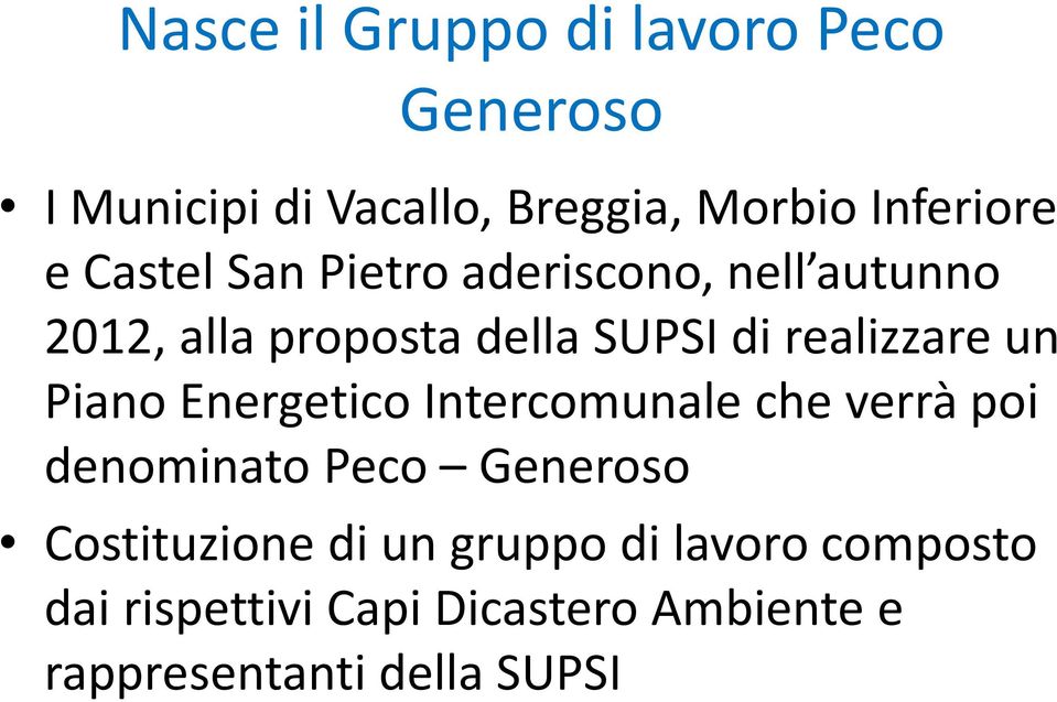 Piano Energetico Intercomunale che verrà poi denominato Peco Generoso Costituzione di un