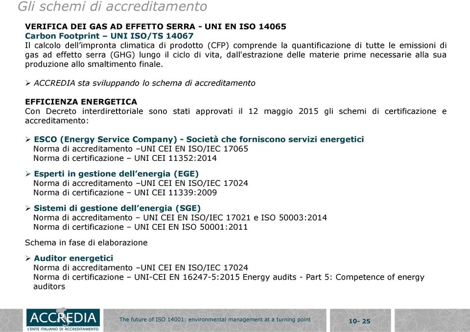 ACCREDIA sta sviluppando lo schema di accreditamento EFFICIENZA ENERGETICA Con Decreto interdirettoriale sono stati approvati il 12 maggio 2015 gli schemi di certificazione e accreditamento: ESCO