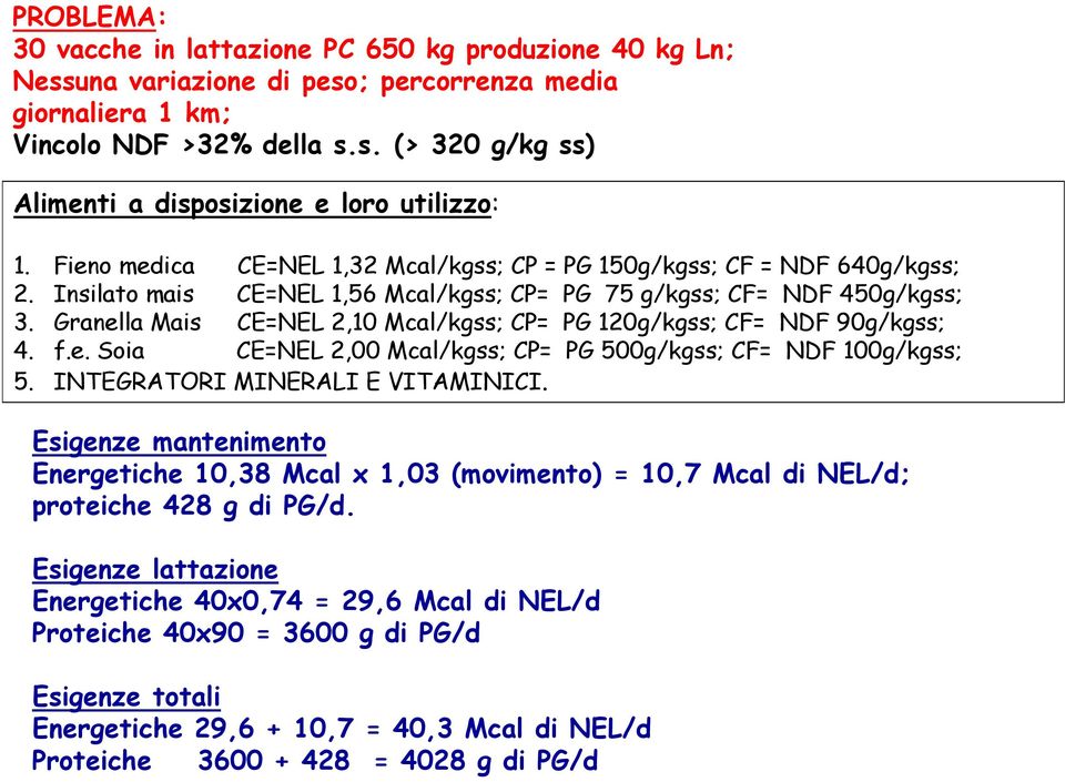 Granella Mais CE=NEL 2,10 Mcal/kgss; CP= PG 120g/kgss; CF= NDF 90g/kgss; 4. f.e. Soia CE=NEL 2,00 Mcal/kgss; CP= PG 500g/kgss; CF= NDF 100g/kgss; 5. INTEGRATORI MINERALI E VITAMINICI.