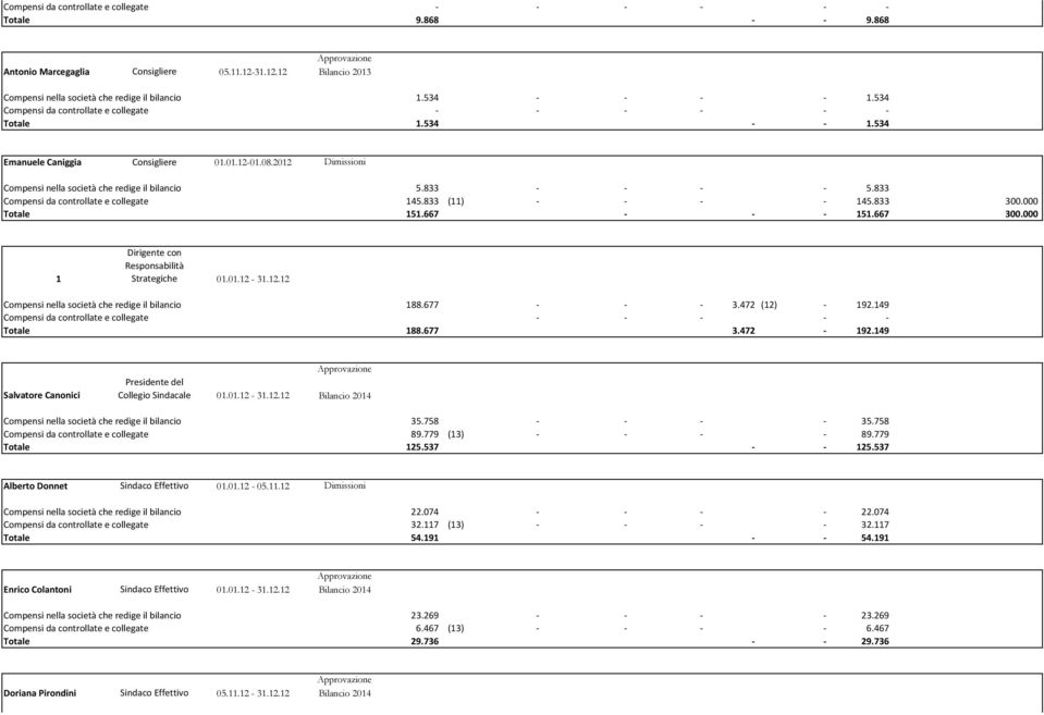 000 1 Dirigente con Responsabilità Strategiche 01.01.12-31.12.12 Compensi nella società che redige il bilancio 188.677 3.472 (12) 192.149 Compensi da controllate e collegate Totale 188.677 3.472 192.