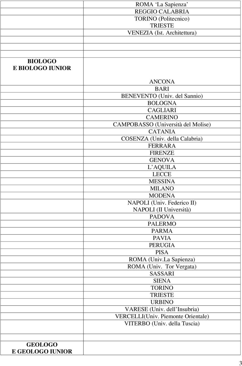 del Sannio) CAMERINO CAMPOBASSO (Università del Molise) FERRARA LECCE MILANO MODENA ROMA (Univ.