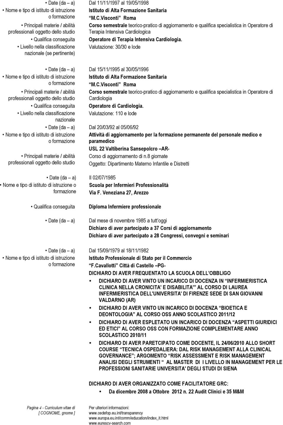 Cardiologia. Valutazione: 30/30 e lode Date (da a) Dal 15/11/1995 al 30/05/1996 Istituto di Alta Formazione Sanitaria M.C.Visconti Roma Principali materie / abilità Corso semestrale teorico-pratico di aggiornamento e qualifica specialistica in Operatore di Cardiologia Operatore di Cardiologia.