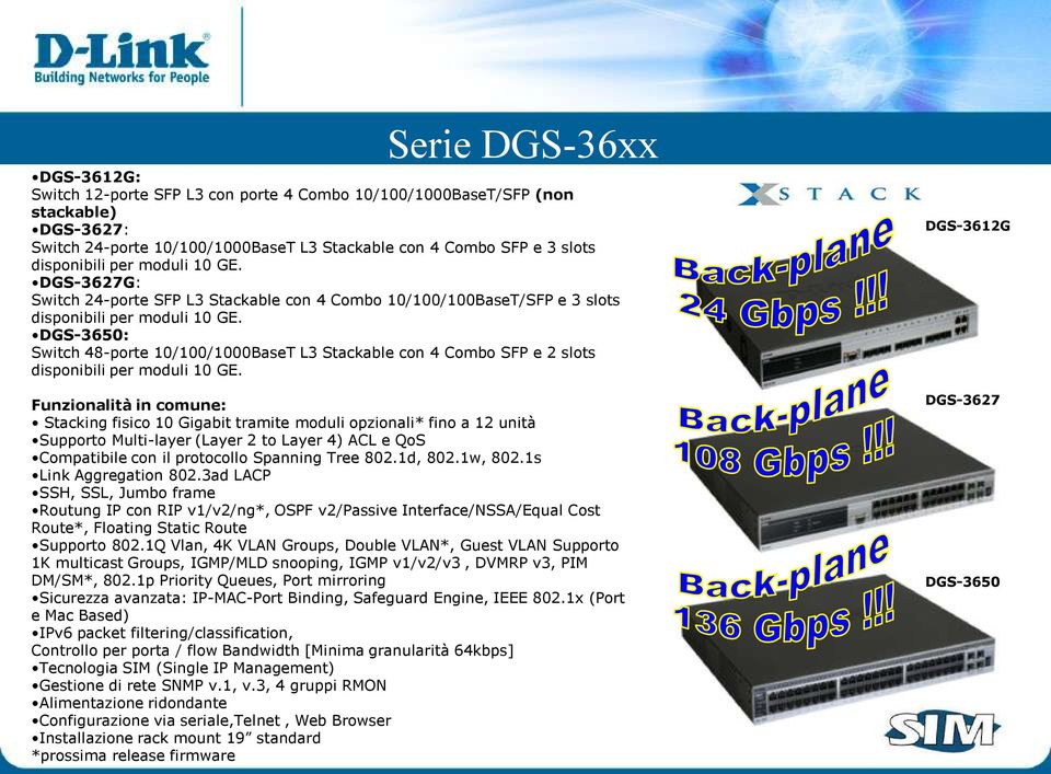 DGS-3650: Switch 48-porte 10/100/1000BaseT L3 Stackable con 4 Combo SFP e 2 slots disponibili per moduli 10 GE.