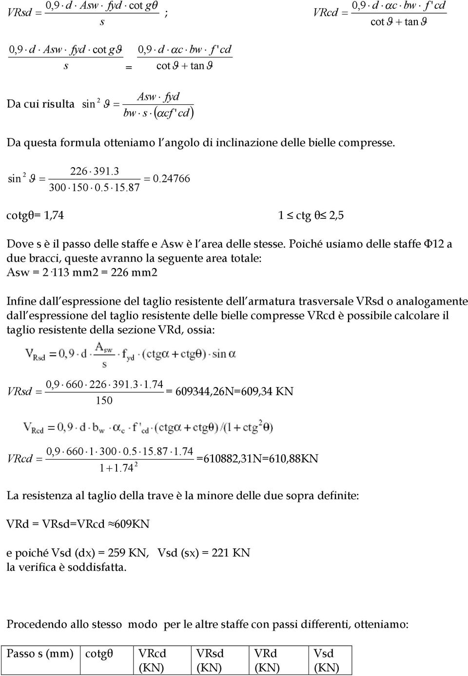 Poiché usiamo delle staffe Φ12 a due bracci, queste avranno la seguente area totale: Asw = 2 113 mm2 = 226 mm2 Infine dall espressione del taglio resistente dell armatura trasversale VRsd o