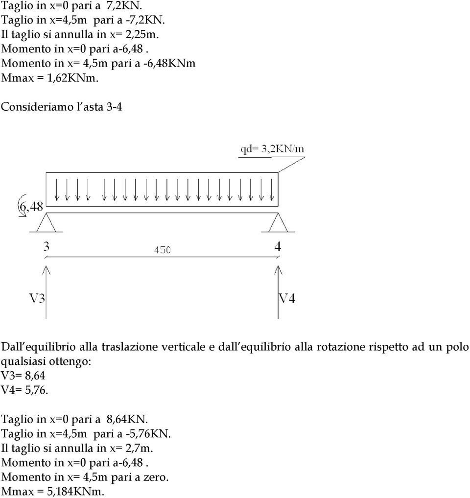 Consideriamo l asta 3-4 Dall equilibrio alla traslazione verticale e dall equilibrio alla rotazione rispetto ad un polo