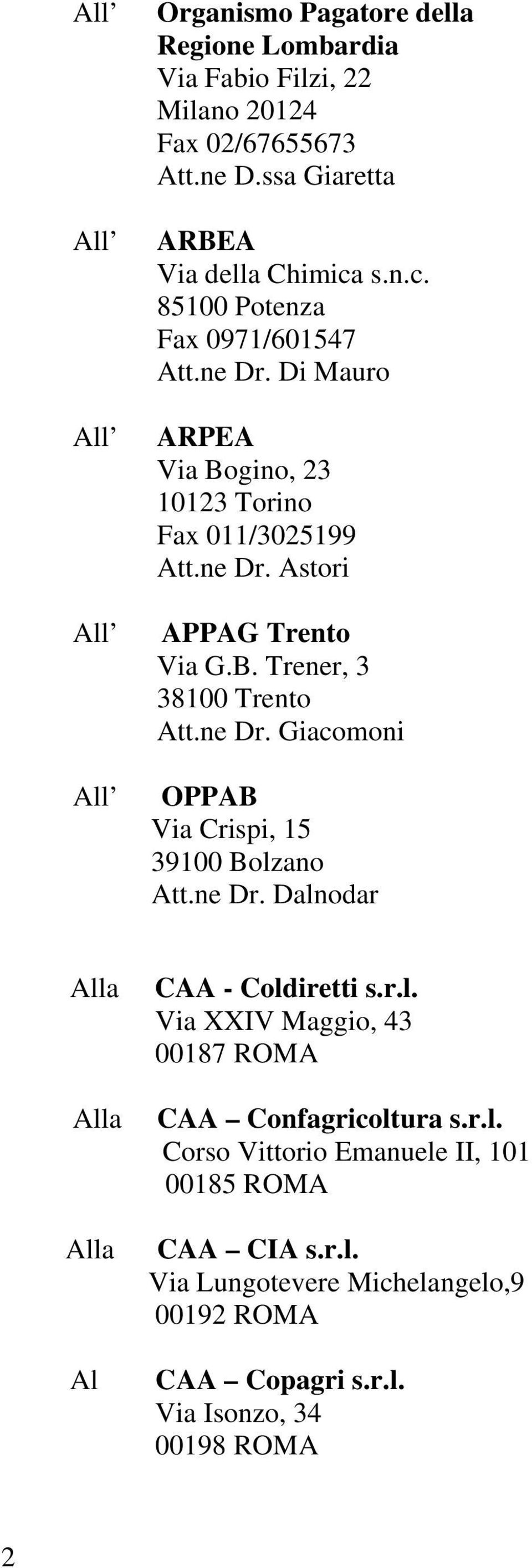 ne Dr. Giacomoni OPPAB Via Crispi, 15 39100 Bolzano Att.ne Dr. Dalnodar Alla Alla Alla Al CAA - Coldiretti s.r.l. Via XXIV Maggio, 43 00187 ROMA CAA Confagricoltura s.