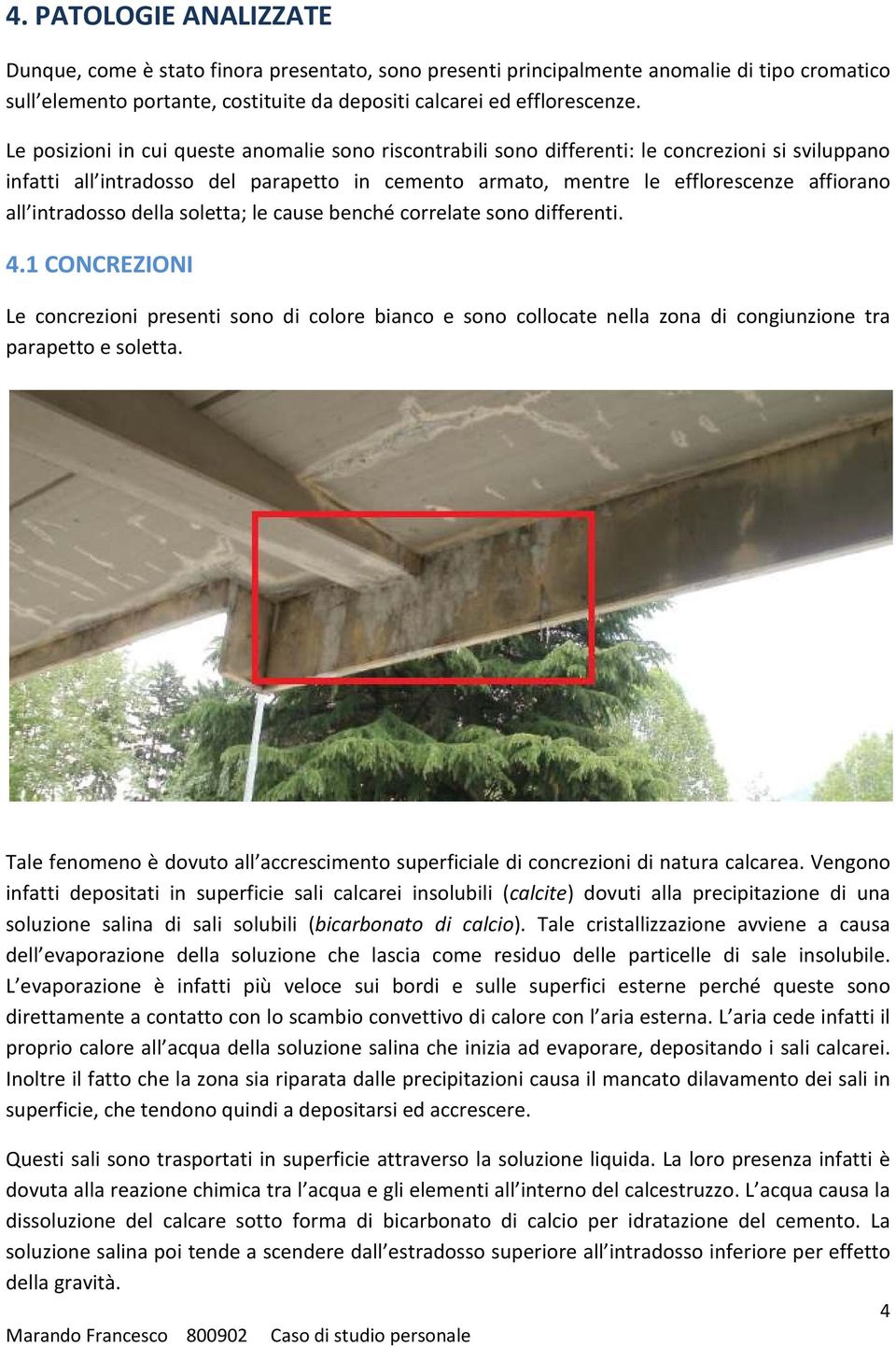 intradosso della soletta; le cause benché correlate sono differenti. 4.1 CONCREZIONI Le concrezioni presenti sono di colore bianco e sono collocate nella zona di congiunzione tra parapetto e soletta.