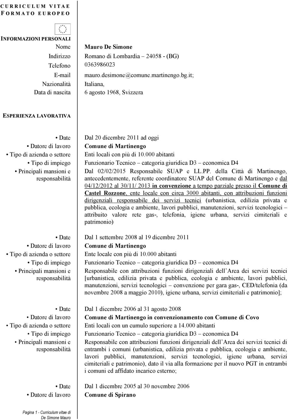 it; Italiana, 6 agosto 1968, Svizzera ESPERIENZA LAVORATIVA Date Datore di lavoro Tipo di azienda o settore Tipo di impiego Dal 20 dicembre 2011 ad oggi Comune di Martinengo Enti locali con più di 10.