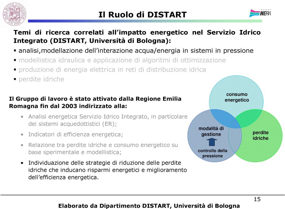 dalla Regione Emilia Romagna fin dal 2003 indirizzato alla: Analisi energetica Servizio Idrico Integrato, in particolare dei sistemi acquedottistici (ER); Indicatori di efficienza energetica;