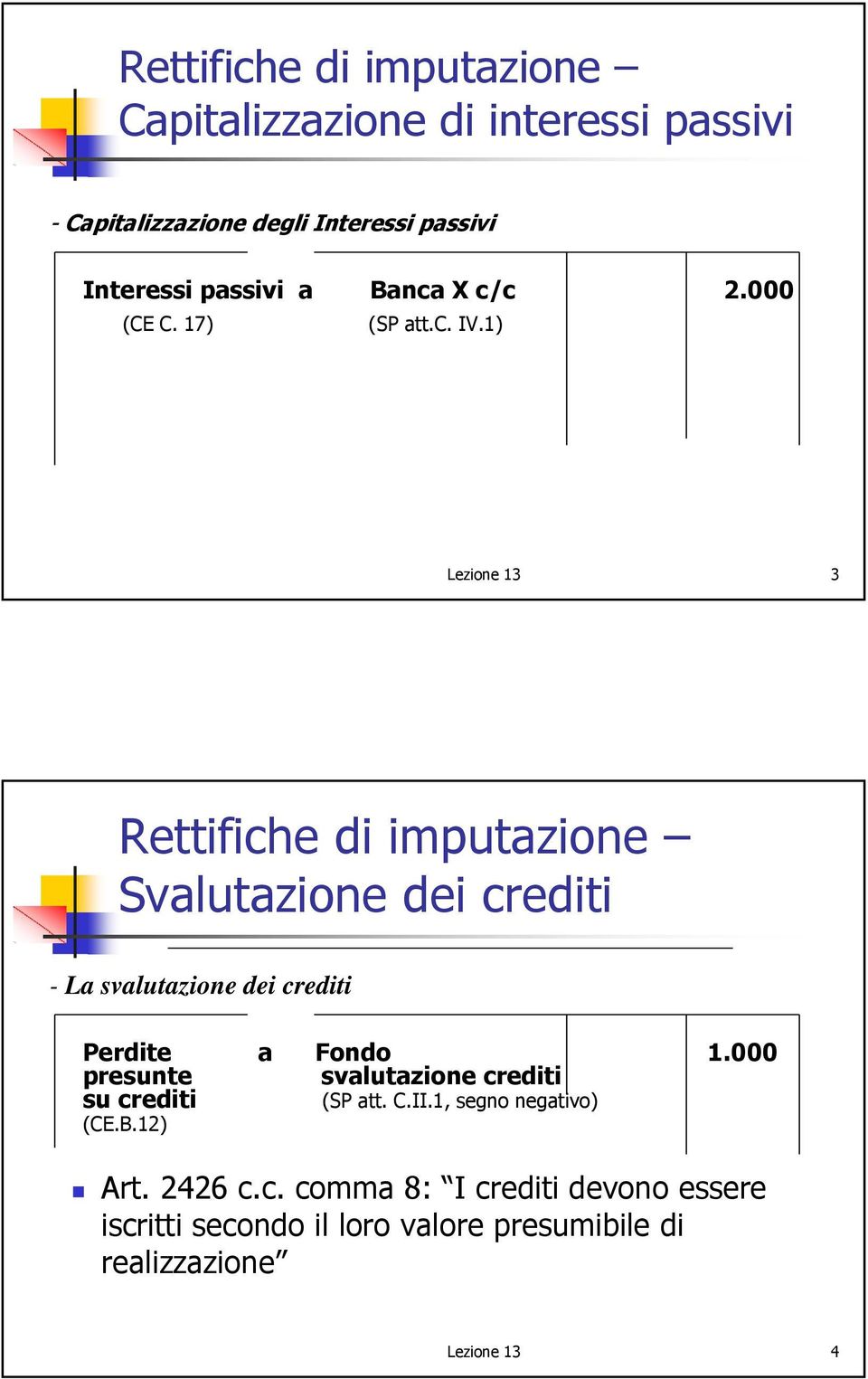 1) Lezione 13 3 Rettifiche di imputazione Svalutazione dei crediti - La svalutazione dei crediti Perdite a Fondo 1.