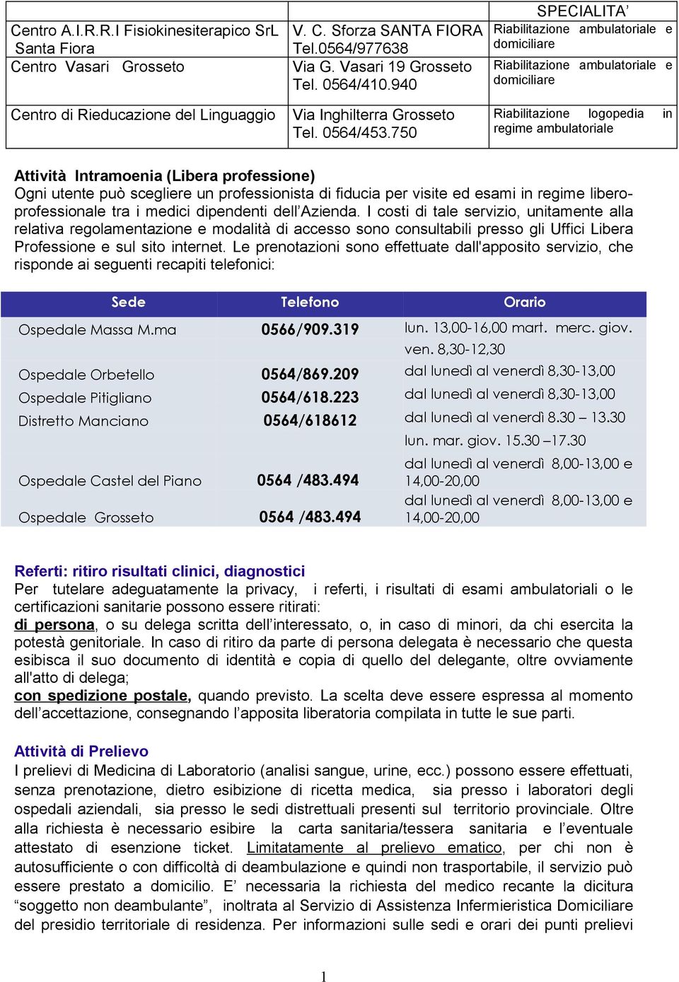 750 SPECIALITA Riabilitazione ambulatoriale e domiciliare Riabilitazione ambulatoriale e domiciliare Riabilitazione logopedia in regime ambulatoriale Attività Intramoenia (Libera professione) Ogni