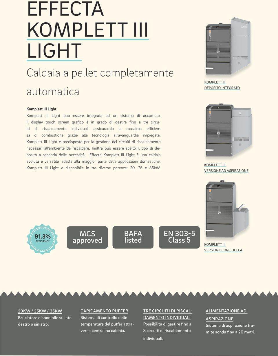 impiegata. Komplett III Light è predisposta per la gestione dei circuiti di riscaldamento necessari all ambiente da riscaldare. Inoltre può essere scelto il tipo di deposito a seconda delle necessità.