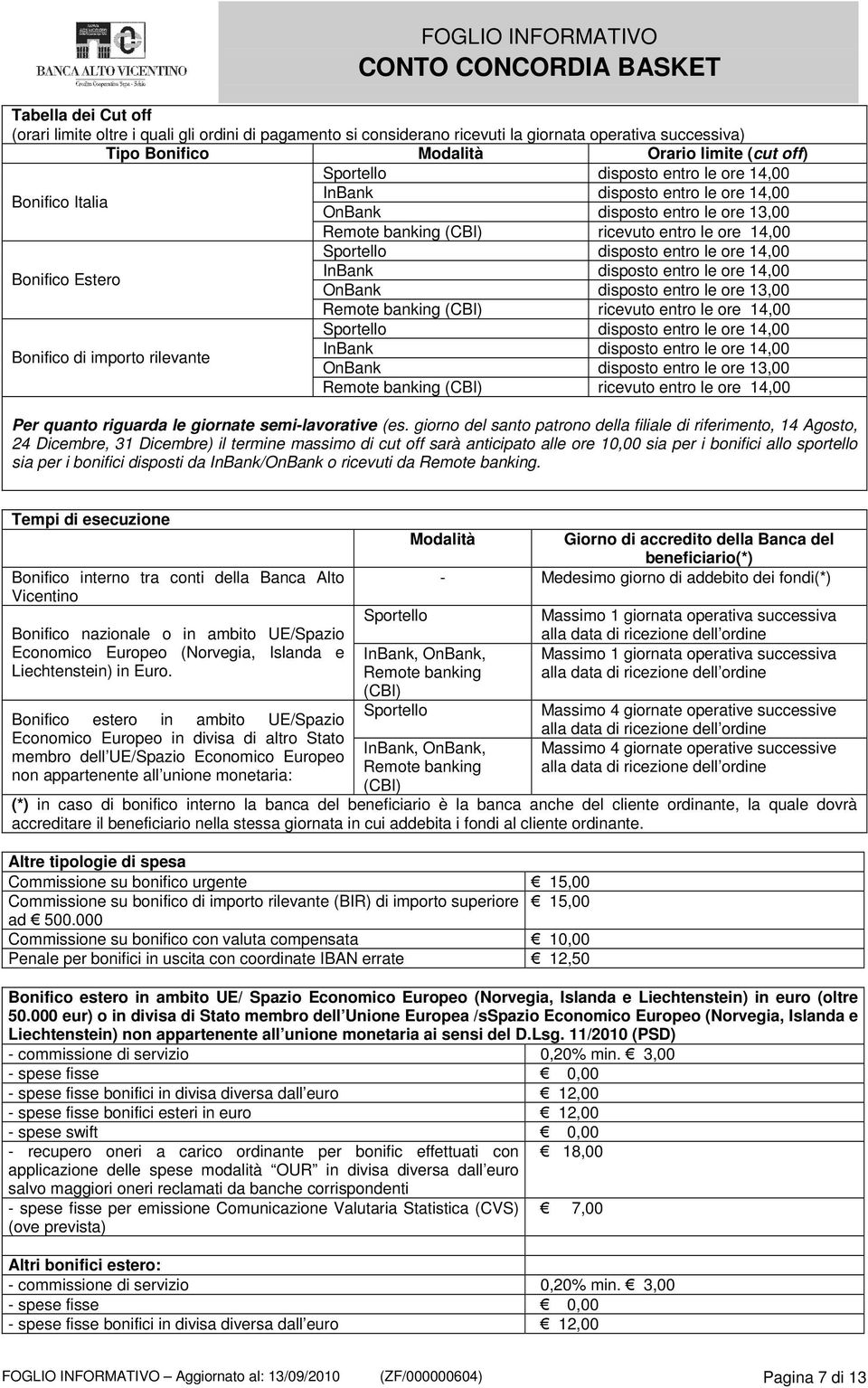 Bonifico Estero InBank disposto entro le ore 14,00 OnBank disposto entro le ore 13,00 Remote banking (CBI) ricevuto entro le ore 14,00 Sportello disposto entro le ore 14,00 Bonifico di importo