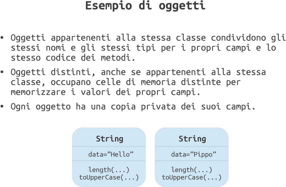 Oggetti distinti, anche se appartenenti alla stessa classe, occupano celle di memoria distinte per