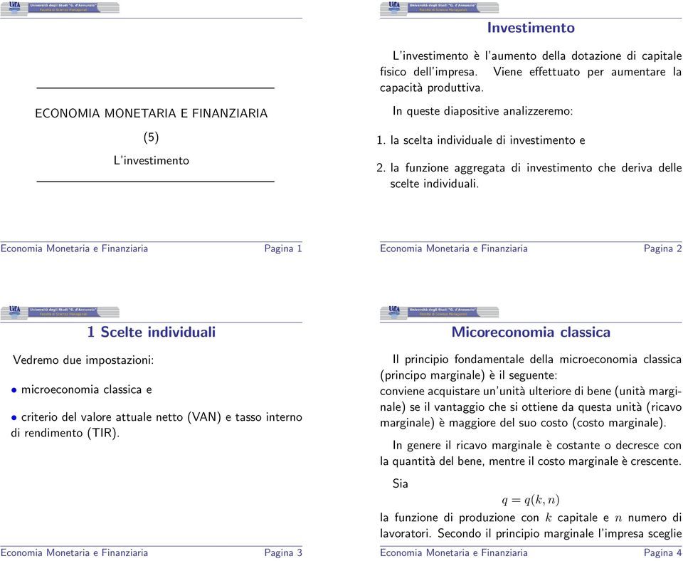 la funzione aggegata di investimento che deiva delle scelte individuali.