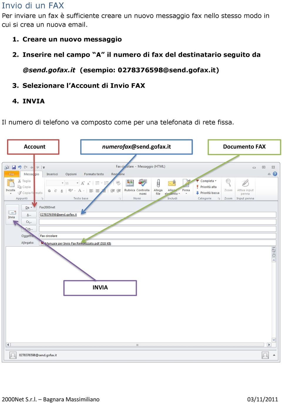 Inserire nel campo A il numero di fax del destinatario seguito da @send.gofax.it (esempio: 0278376598@send.