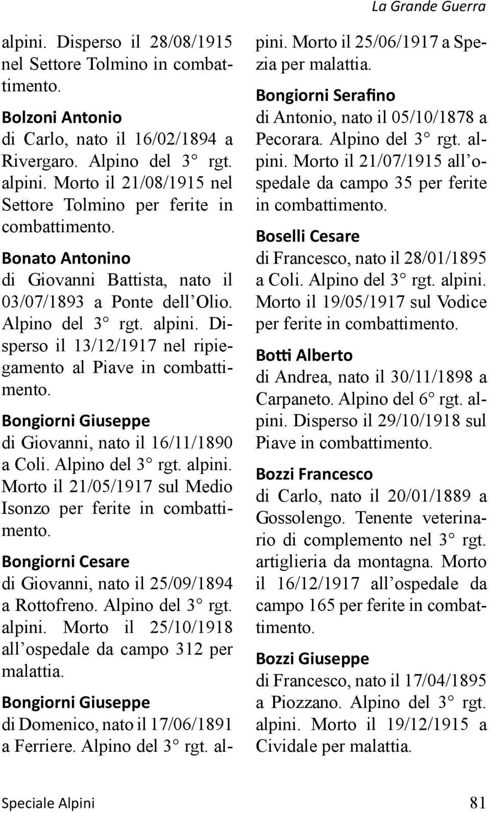 Bongiorni Giuseppe di Giovanni, nato il 16/11/1890 a Coli. Alpino del 3 rgt. alpini. Morto il 21/05/1917 sul Medio Isonzo per ferite in combattimento.