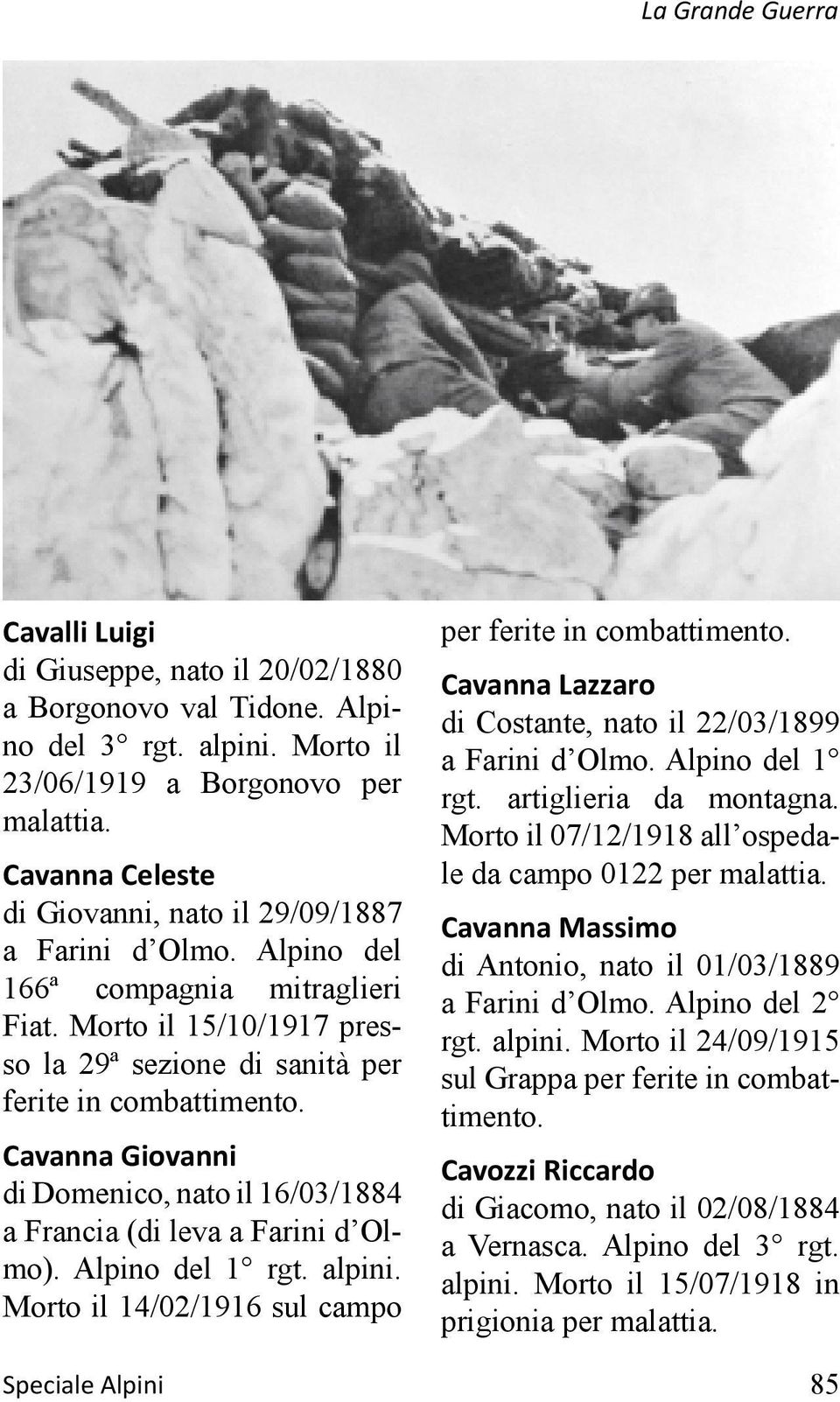 Cavanna Giovanni di Domenico, nato il 16/03/1884 a Francia (di leva a Farini d Olmo). Alpino del 1 rgt. alpini. Morto il 14/02/1916 sul campo Speciale Alpini per ferite in combattimento.