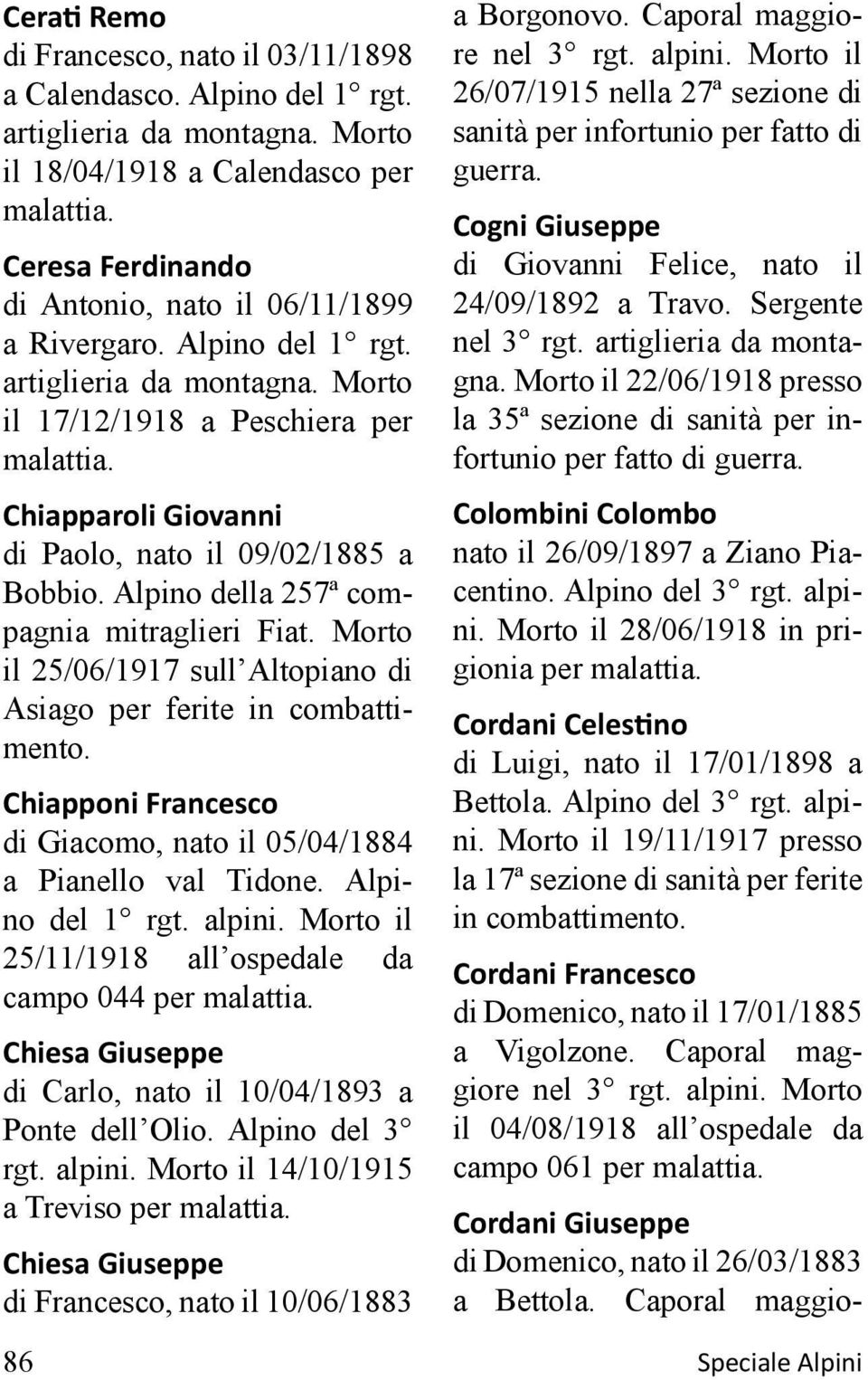 Chiapparoli Giovanni di Paolo, nato il 09/02/1885 a Bobbio. Alpino della 257ª compagnia mitraglieri Fiat. Morto il 25/06/1917 sull Altopiano di Asiago per ferite in combattimento.