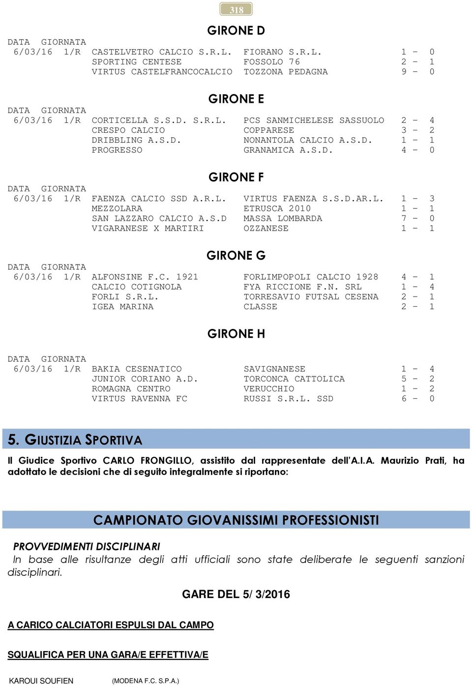 C. 1921 FORLIMPOPOLI CALCIO 1928 4-1 CALCIO COTIGNOLA FYA RICCIONE F.N. SRL 1-4 FORLI S.R.L. TORRESAVIO FUTSAL CESENA 2-1 IGEA MARINA CLASSE 2-1 GIRONE H 6/03/16 1/R BAKIA CESENATICO SAVIGNANESE 1-4 JUNIOR CORIANO A.