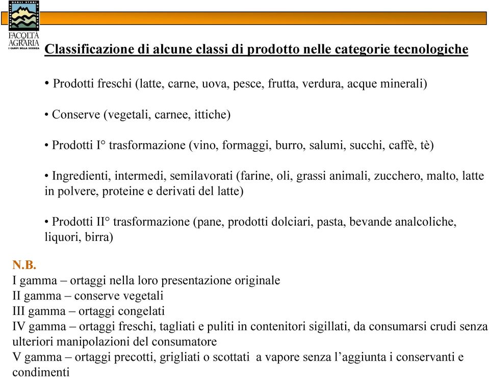 Prodotti II trasformazione (pane, prodotti dolciari, pasta, bevande analcoliche, liquori, birra) N.B.