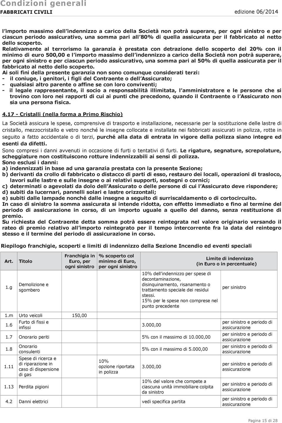 Relativamente al terrorismo la garanzia è prestata con detrazione dello scoperto del 20% con il minimo di euro 500,00 e l importo massimo dell indennizzo a carico della Società non potrà superare,