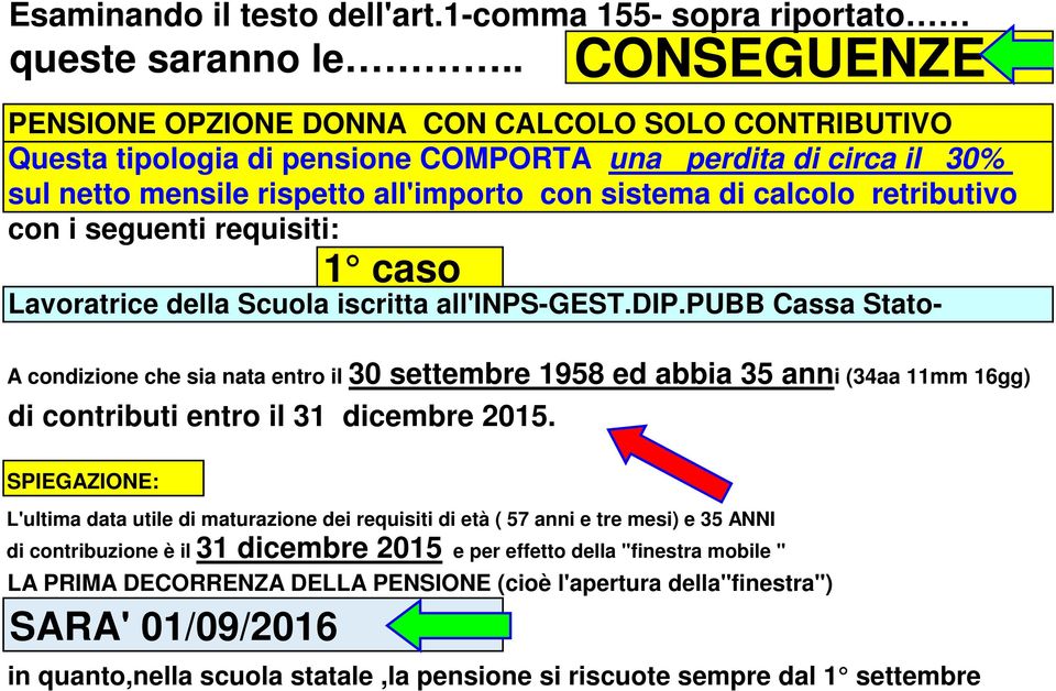 retributivo con i seguenti requisiti: 1 caso Lavoratrice della Scuola iscritta all'inps-gest.dip.