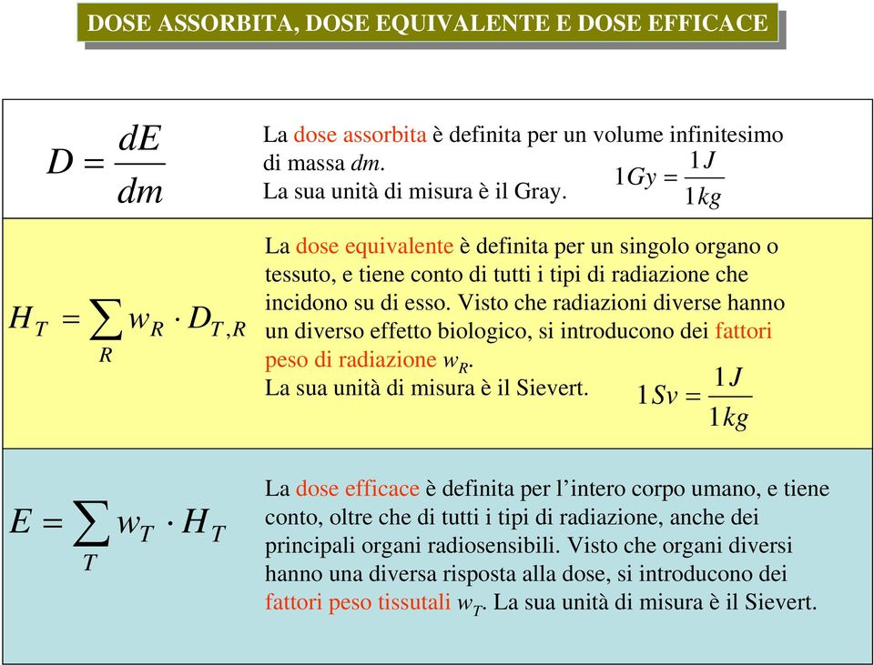 Visto che radiazioni diverse hanno un diverso effetto biologico, si introducono dei fattori peso di radiazione w R. La sua unità di misura è il Sievert.