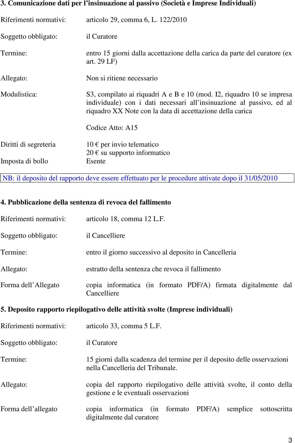 I2, riquadro 10 se impresa individuale) con i dati necessari all insinuazione al passivo, ed al riquadro XX Note con la data di accettazione della carica Codice Atto: A15 Diritti di segreteria