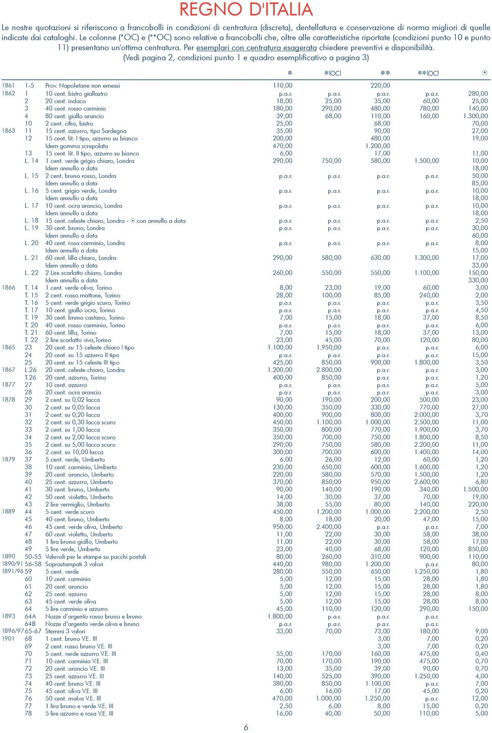 Per esemplari con centratura esagerata chiedere preventivi e disponibilità. (Vedi pagina 2, condizioni punto 1 e quadro esemplificativo a pagina 3) 6 (OC) 1861 1-5 Prov.