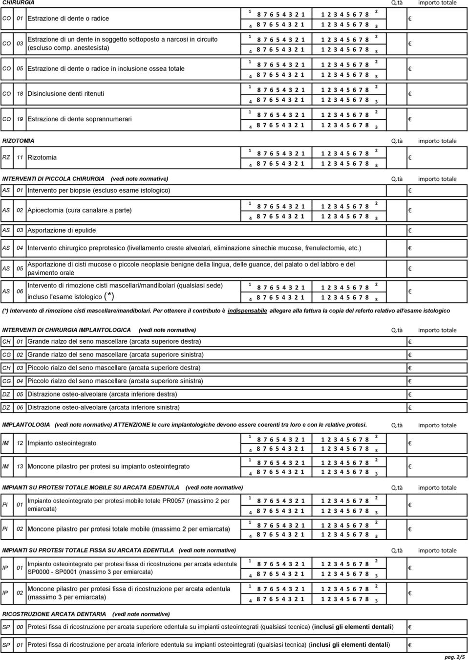 comp. anestesista) CO 05 Estrazione di dente o radice in inclusione ossea totale CO 8 Disinclusione denti ritenuti 4 8 7 6 5 4 3 3 4 5 6 7 8 3 8 7 6 5 4 3 3 4 5 6 7 8 4 8 7 6 5 4 3 3 4 5 6 7 8 3 8 7