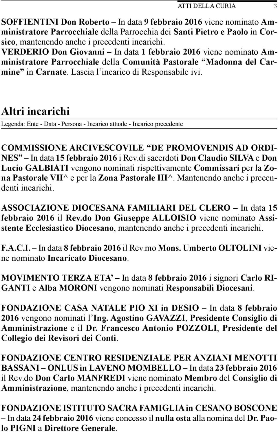 Altri incarichi Legenda: Ente - Data - Persona - Incarico attuale - Incarico precedente COMMISSIONE ARCIVESCOVILE DE PROMOVENDIS AD ORDI- NES In data 15 febbraio 2016 i Rev.