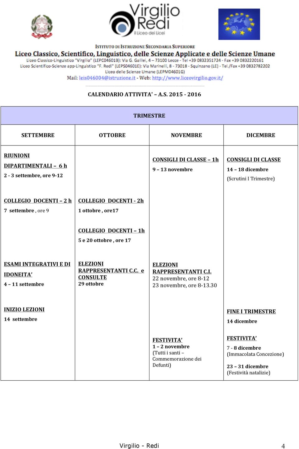 Trimestre) DOCENTI 2 h 7 settembre, ore 9 1 ottobre, ore17 DOCENTI 1h 5 e 20 ottobre, ore 17 ESAMI INTEGRATIVI E DI IDONEITA 4 11 settembre ELEZIONI RAPPRESENTANTI C.