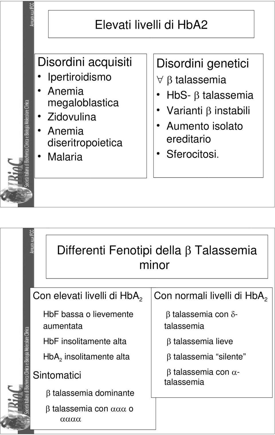 23 Differenti Fenotipi della β Talassemia minor Con elevati livelli di HbA 2 Con normali livelli di HbA 2 HbF bassa o lievemente aumentata HbF