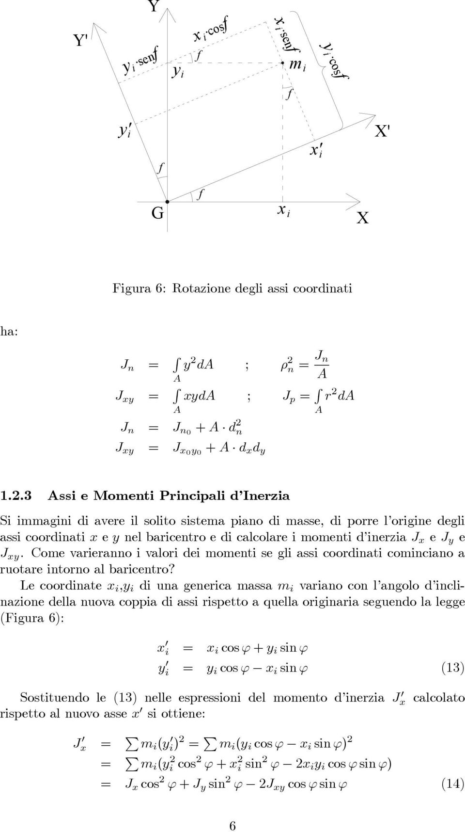 3 ssi e Momenti rincipali d Inerzia Si immagini di avere il solito sistema piano di masse, di porre l origine degli assi coordinati x e y nel baricentro e di calcolare i momenti d inerzia J x e J y e