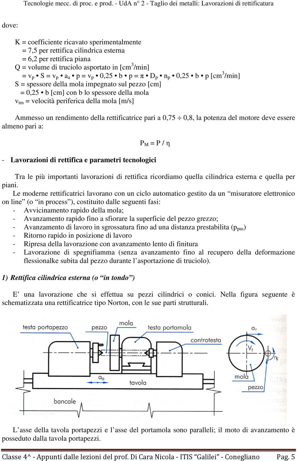 rettificatrice pari a 0,75 0,8, la potenza del motore deve essere almeno pari a: P M = P / η - Lavorazioni di rettifica e parametri tecnologici Tra le più importanti lavorazioni di rettifica